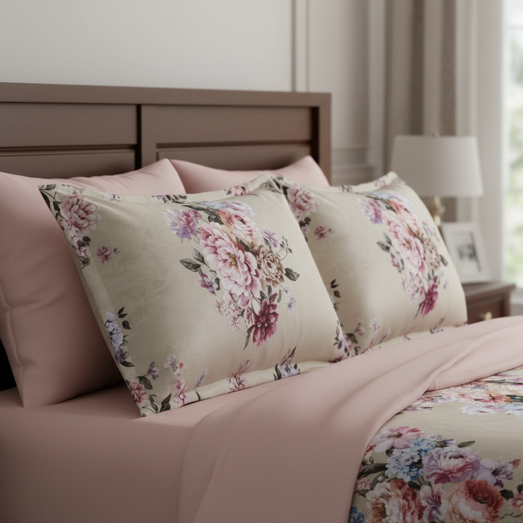 Romantic Pastel Floral Bedsheet King Size 7D Digital Print with 2 Pillow Covers - 108x108 inch