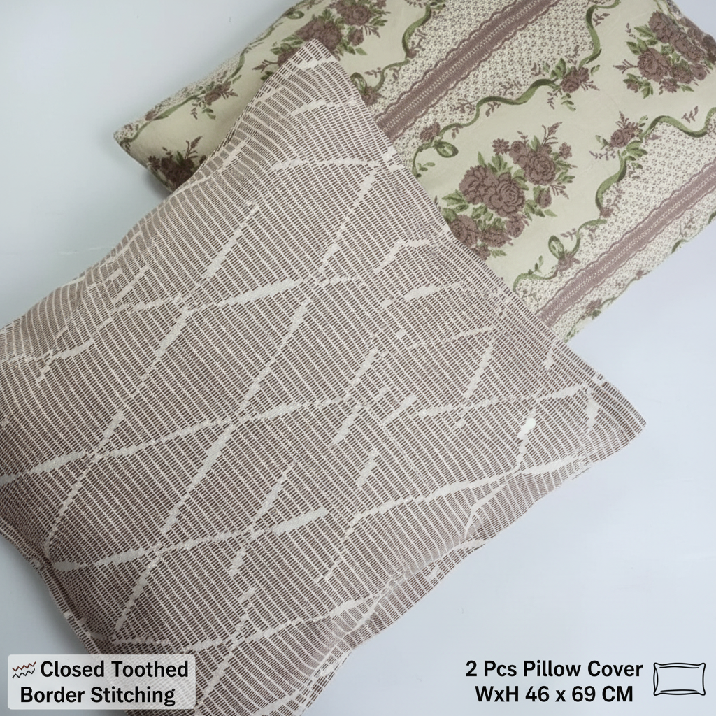 100% Pure Cotton King Size Bedsheet Set | Brown Green Floral Rose Stripe Pattern | 108x108 Inches