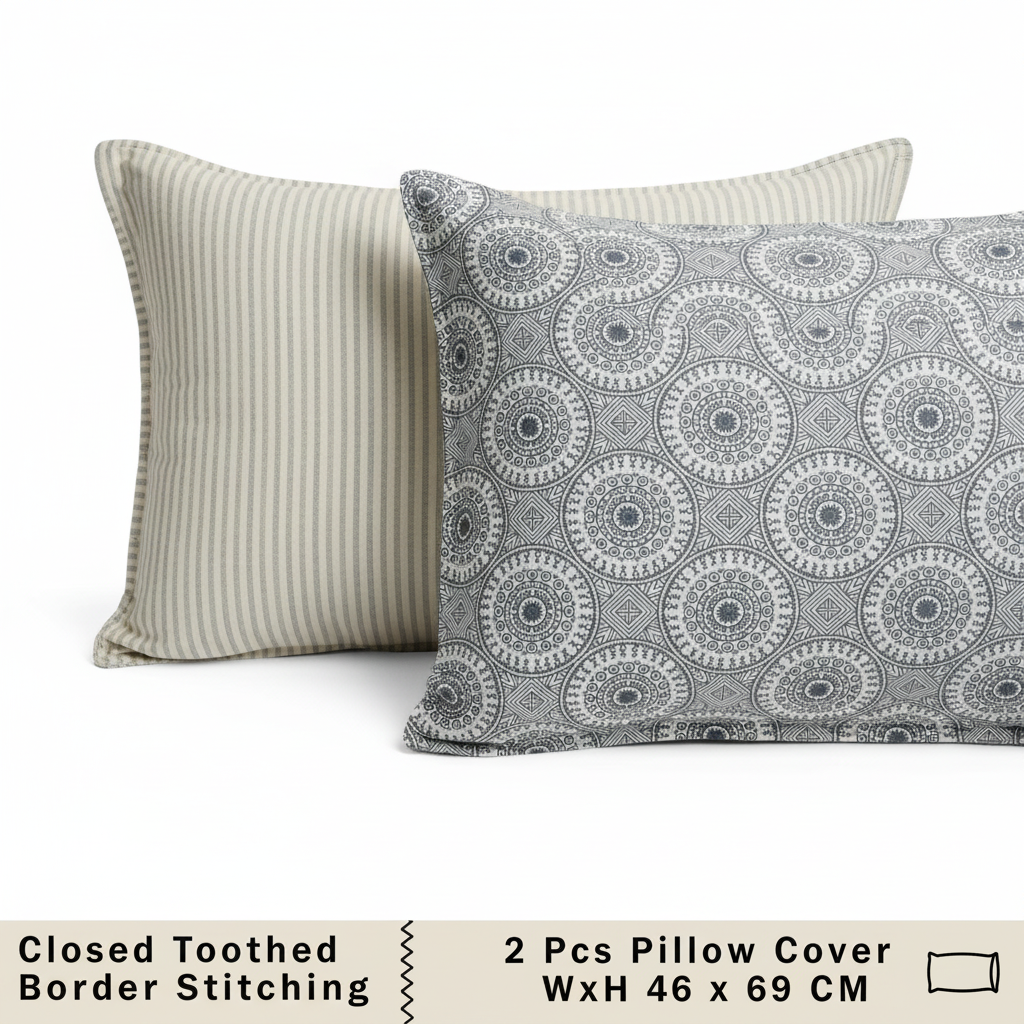 100% Pure Cotton King Size Bedsheet Set | Grey White Mandala Geometric Pattern | 108x108 Inches