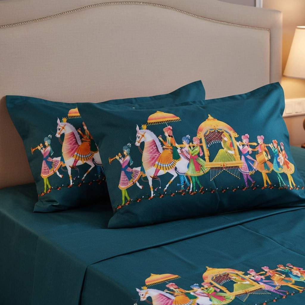 Royal Procession King Size Bedsheet 7D Digital Print with 2 Pillow Covers - 108x108 inch