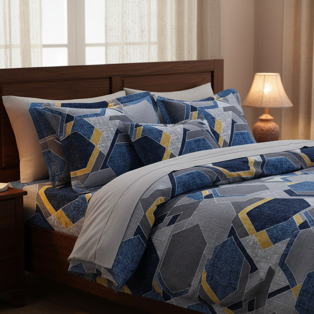 Bedsheet with Pillow Covers | Navy Blue Yellow Diamond with Premium Packing