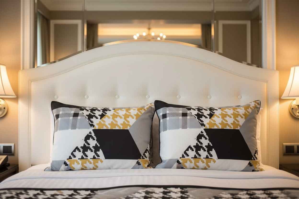 Double Bed Bedsheet – Houndstooth Patchwork | Black, White & Gold