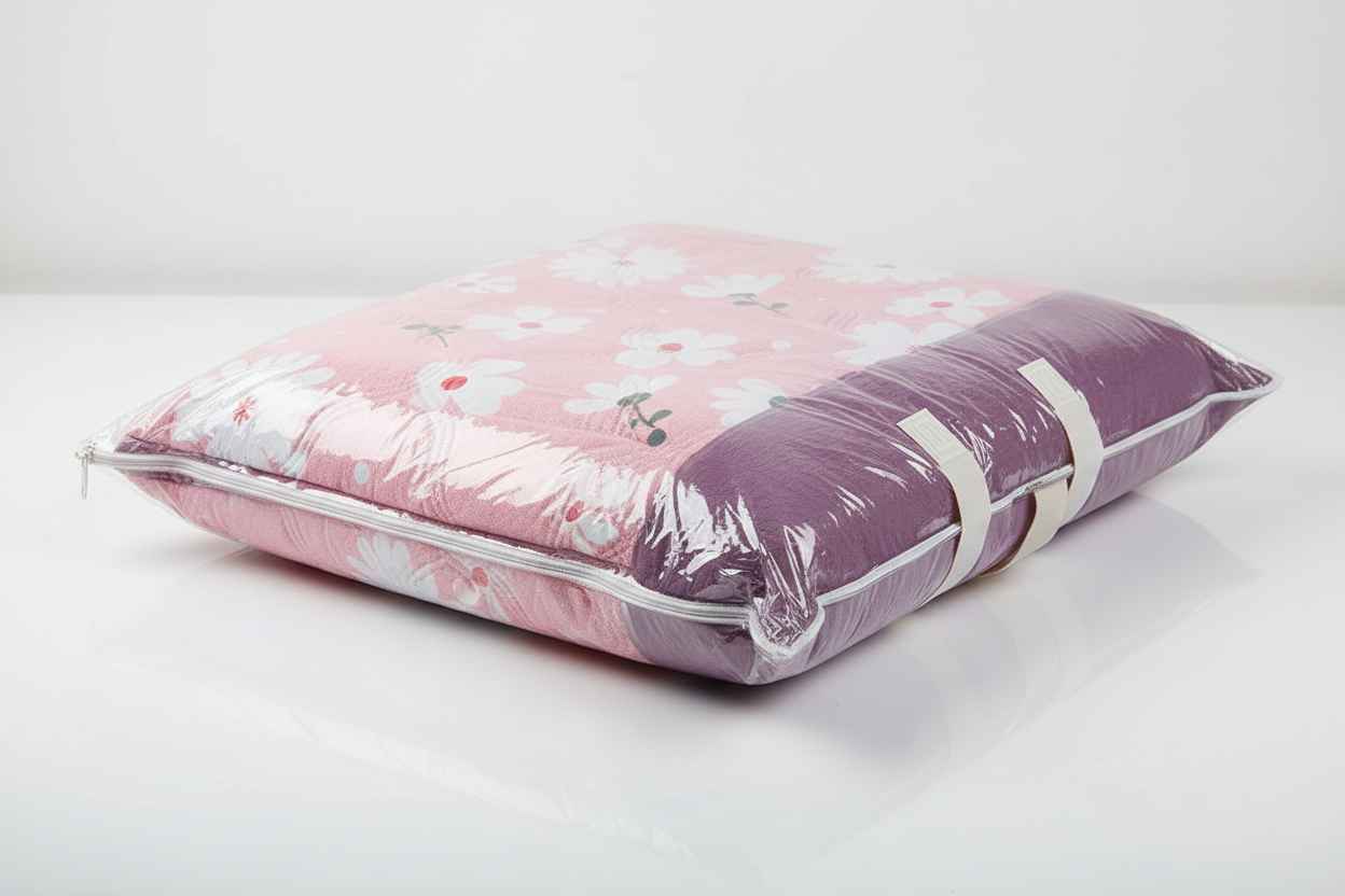 Pink floral pillow with clear plastic wrap on a white background