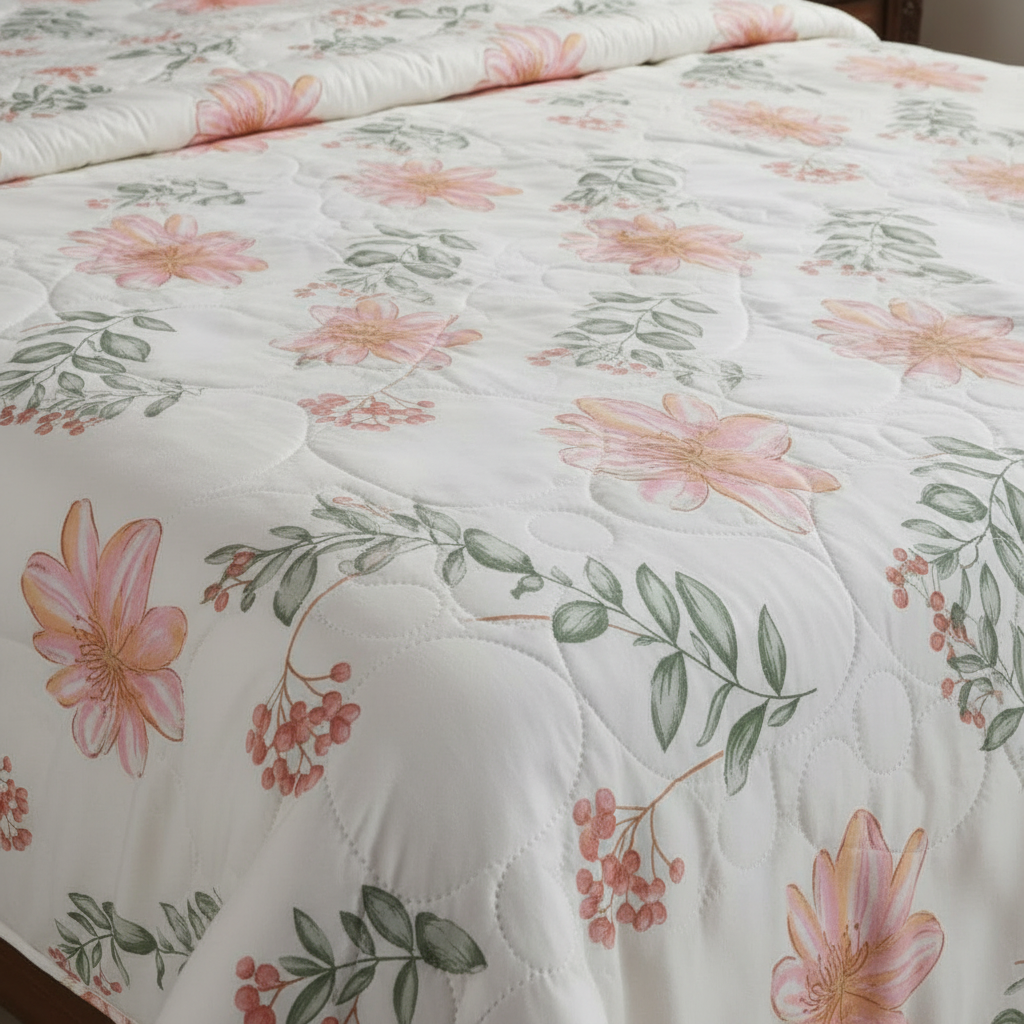 Summer Comforter Premium Pink Floral Double Bed  | Lightweight Quilted Bedding