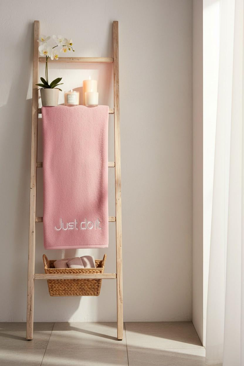 Bath Towel Microfiber | Pink | "Just Do It" Embroidery | Ultra Soft & Quick Dry | Unisex