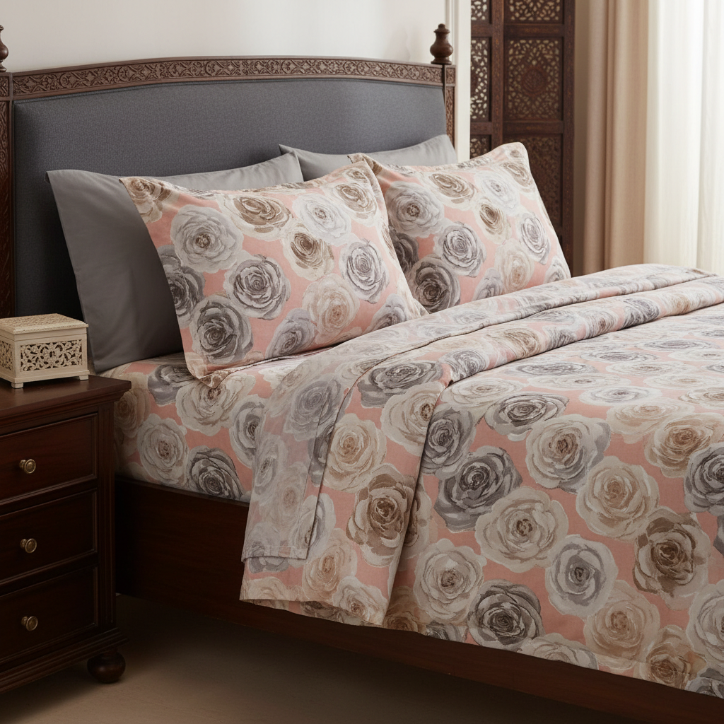 Premium Bedsheet Set with Pillow Covers - Grey & Beige Rose Pattern with Premium Packing