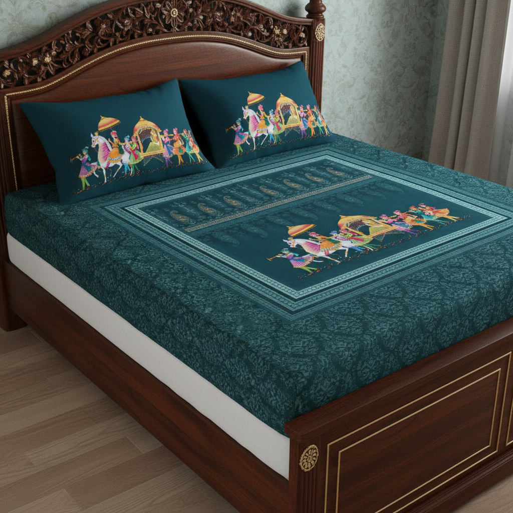 Royal Procession King Size Bedsheet 7D Digital Print with 2 Pillow Covers - 108x108 inch