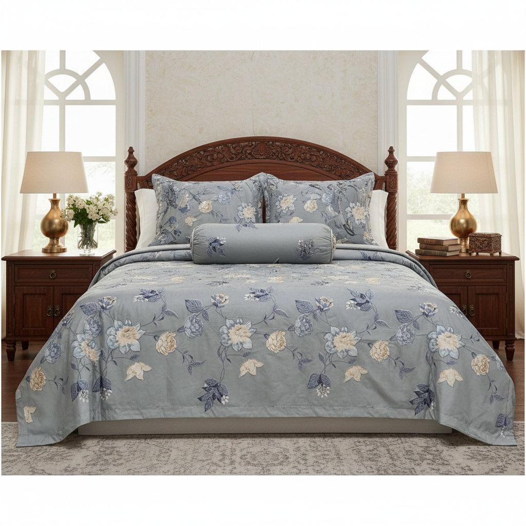 Premium Floral Bed Sheet Set - Grey with Cream Blue Bird & Flower Design with Pillow Covers - Queen Size