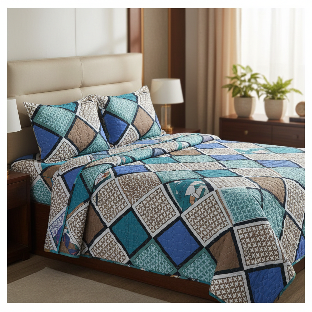 Queen Size Geometric Hexagon Bed Sheet Set | 90x100 Inches | 2 Quilted Pillow Covers