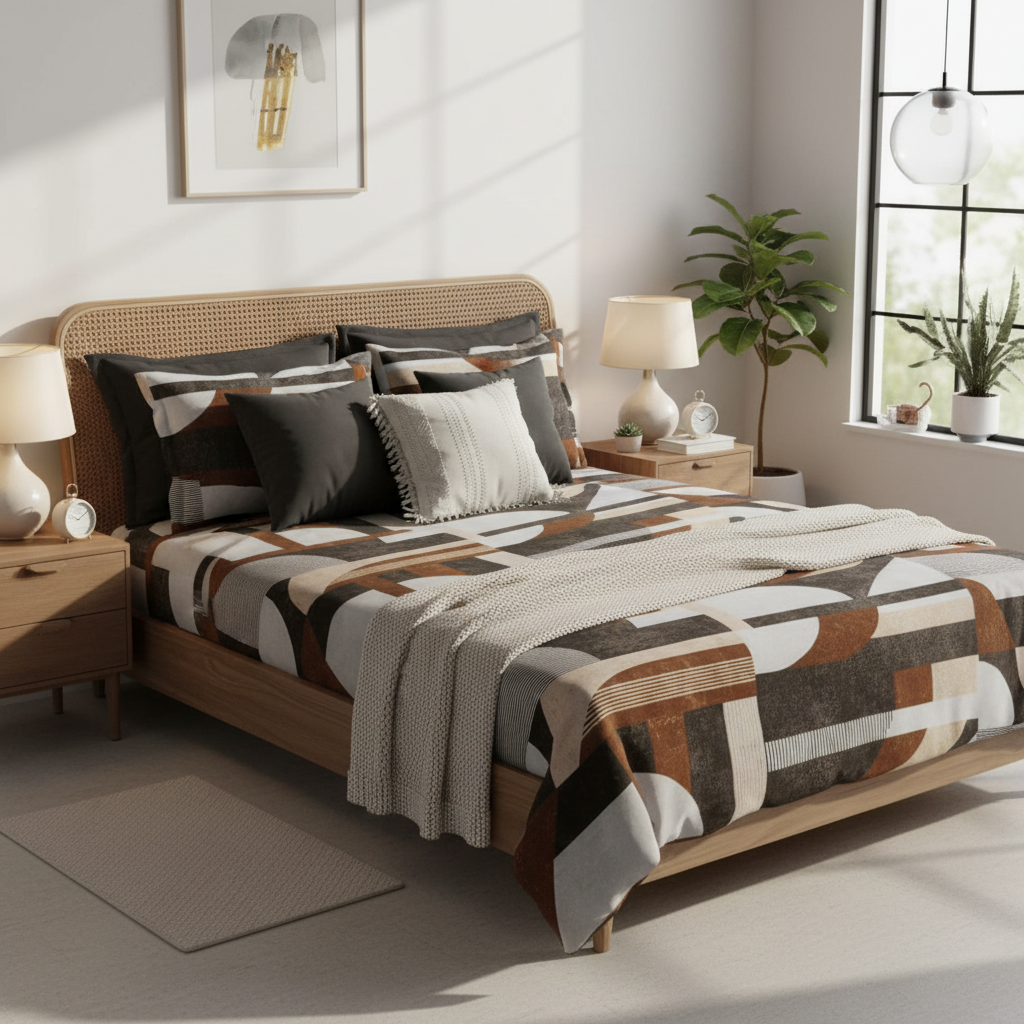 Geometric Bedsheet with Pillow Covers - Beige Brown Striped Pattern with Premium Packing