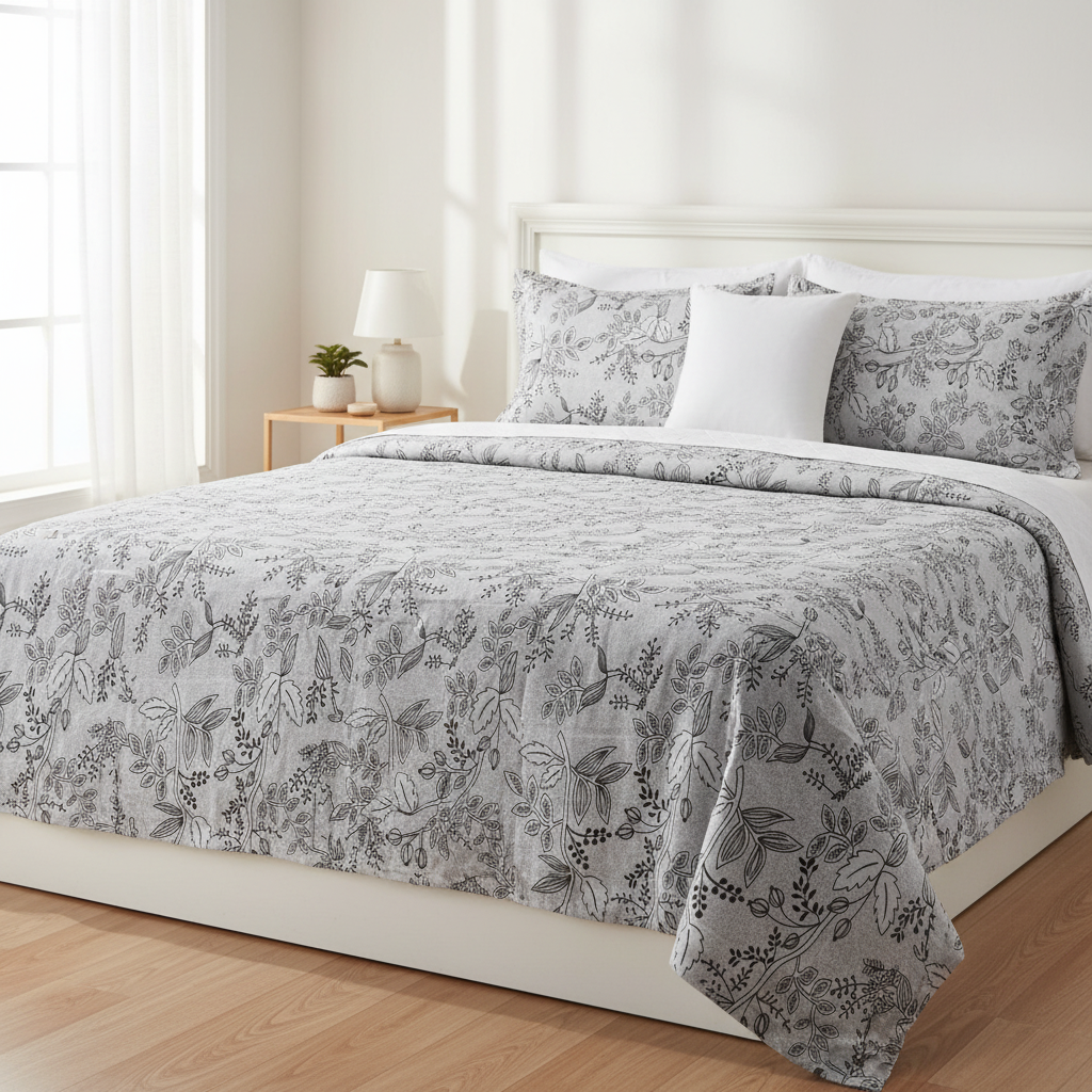 Premium Botanical Leaf Pattern Bedsheet Set - Grey & White with Pillow Covers - Queen Size