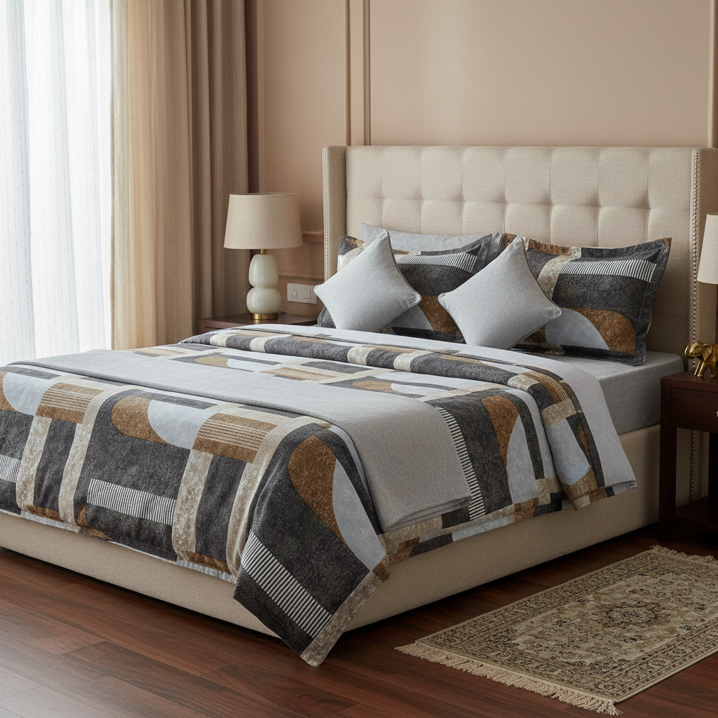 Modern Geometric Abstract Bedsheet Set - Grey Blue Brown Striped Design with Pillow Covers - Queen Size