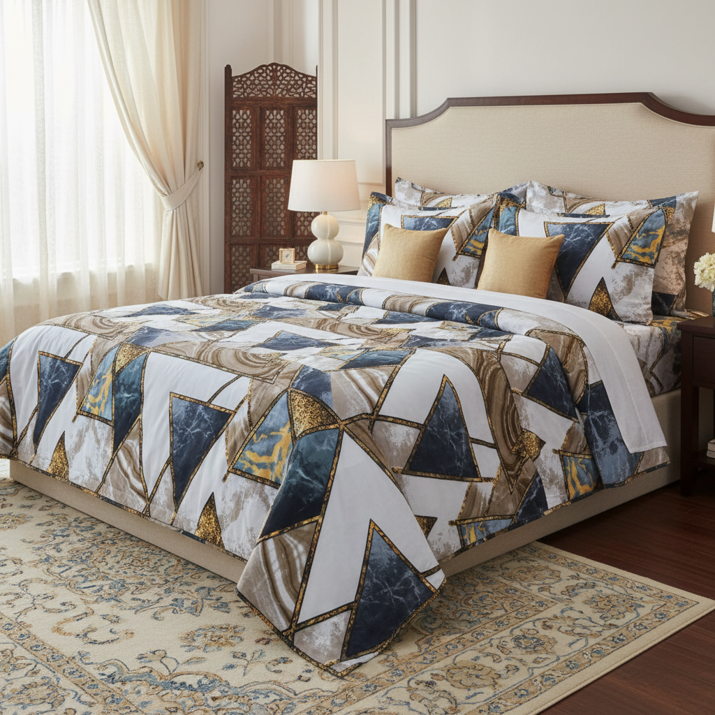 Luxury Geometric Marble Bedsheet Set - Navy Blue Gold Beige Agate Design with Pillow Covers - Queen Size