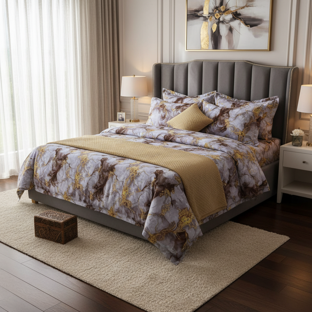 Luxury Grey Gold Watercolor Floral Bedsheet Set - Elegant Abstract Design with Pillow Covers - Queen Size
