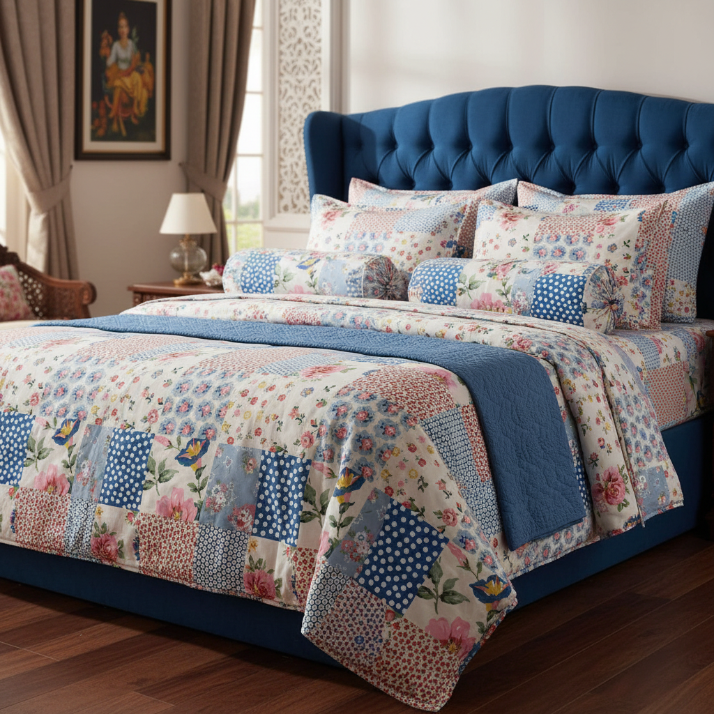 Premium Patchwork Floral Bedsheet Set - Cottage Style Pink Blue Polka Dots with Pillow Covers - Queen Size