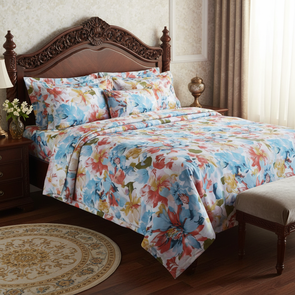 Vibrant Watercolor Floral Bedsheet Set - Blue Coral Yellow Pink Design with Pillow Covers - Queen Size
