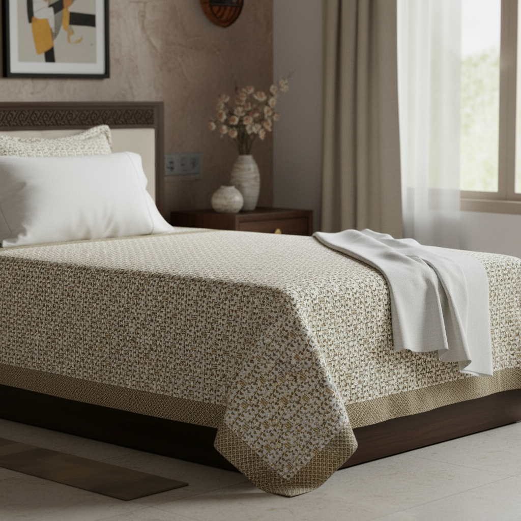 Premium Pure Cotton Geometric Top Sheet Single Bed (Set of 2)  - Cream & Gold Triangle Pattern