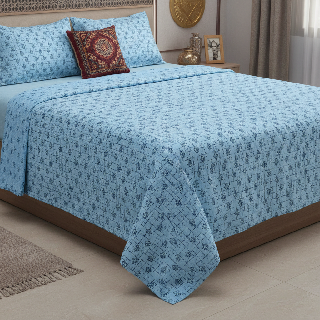 Premium Pure Cotton Single Top Sheet Set of 2 - Blue Geometric Floral Pattern