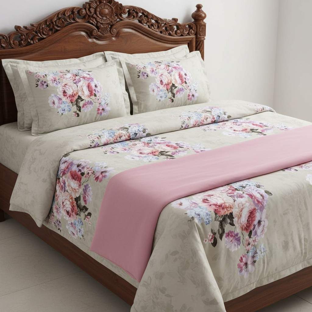 Romantic Pastel Floral Bedsheet King Size 7D Digital Print with 2 Pillow Covers - 108x108 inch
