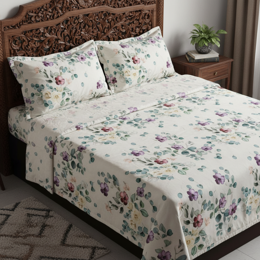 Eucalyptus Floral King Size Bedsheet - 7D Digital Print with 2 Pillow Covers - 108x108 inch