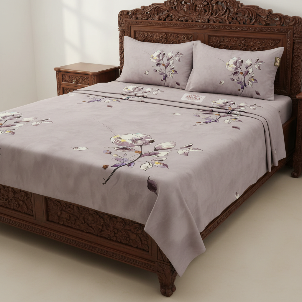 Mauve Magnolia Bedsheet King Size 7D Digital Print with 2 Pillow Covers - 108x108 inch