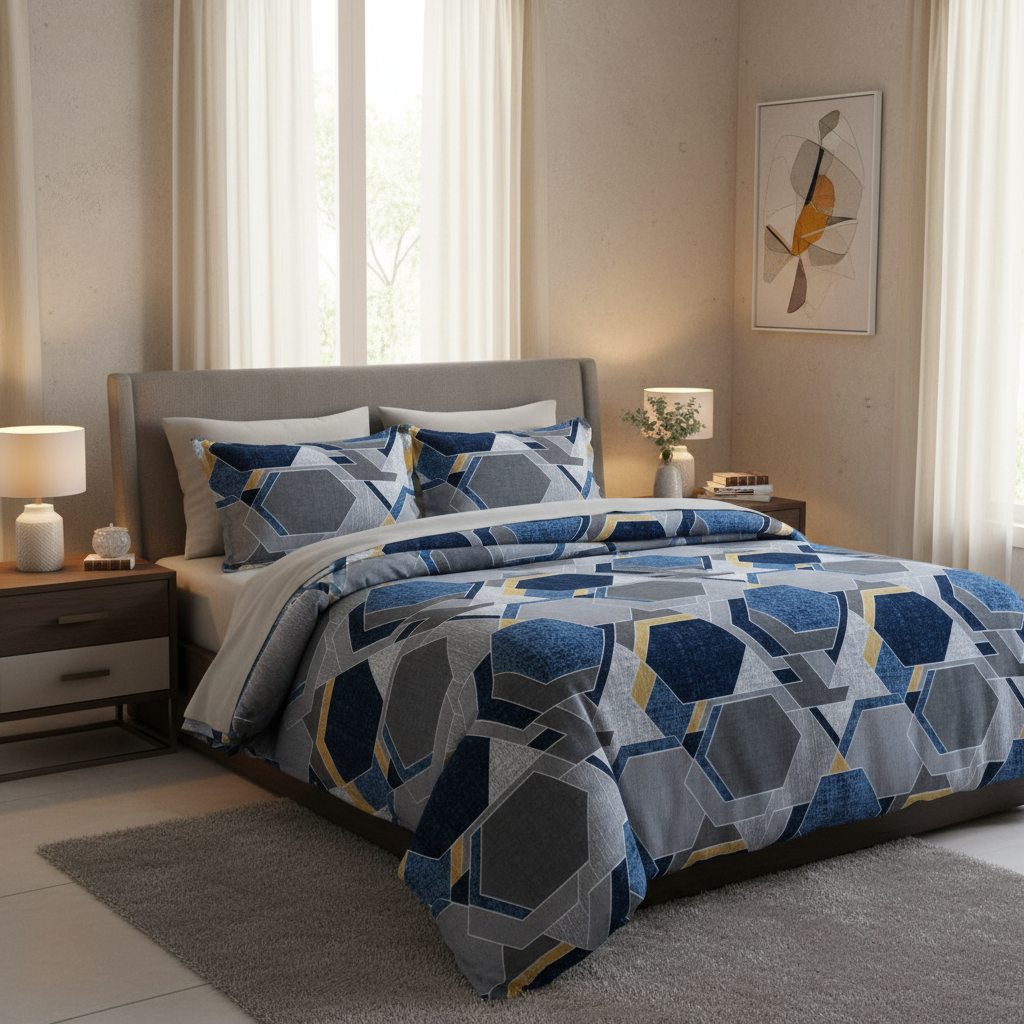 Bedsheet with Pillow Covers | Navy Blue Yellow Diamond with Premium Packing