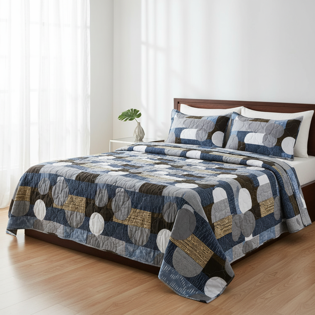 Premium Bed Sheet Set - Navy Blue Geometric Circular Pattern with Quilted Pillow Covers - Queen Size