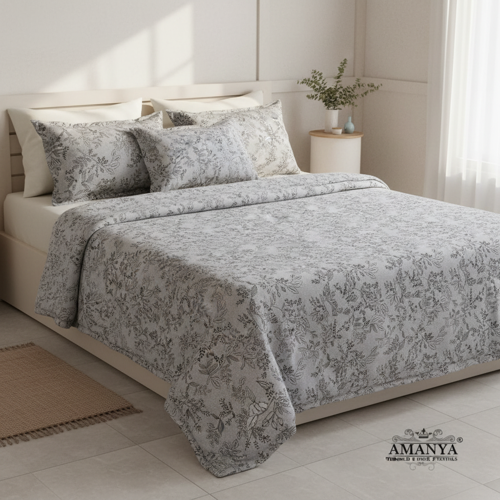 Premium Botanical Leaf Pattern Bedsheet Set - Grey & White with Pillow Covers - Queen Size