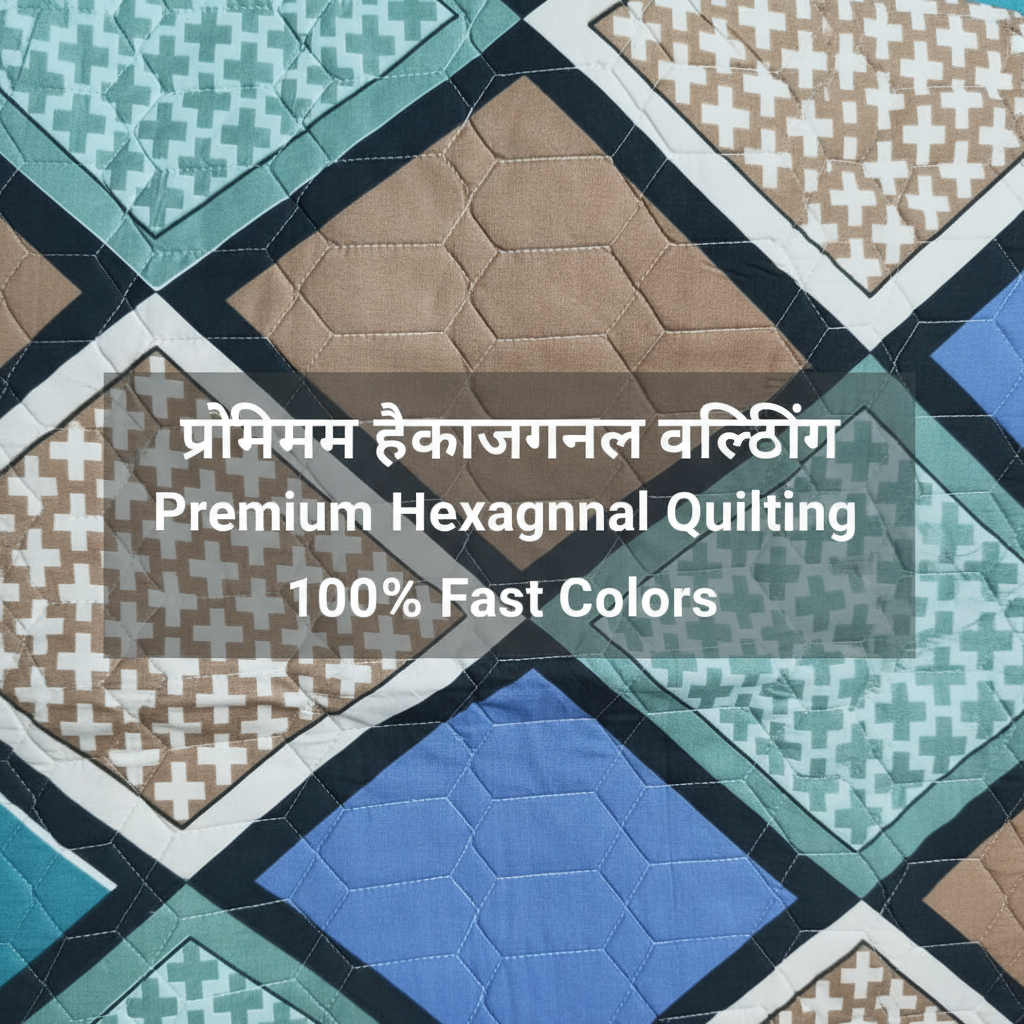 Queen Size Geometric Hexagon Bed Sheet Set | 90x100 Inches | 2 Quilted Pillow Covers