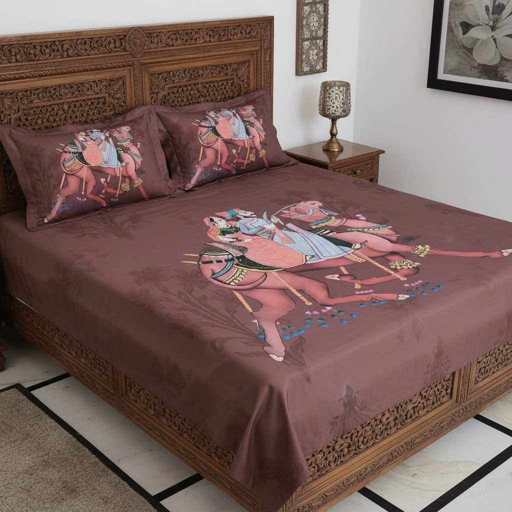 Rajasthani Royal Couple Bedsheet King Size 7D Digital Print with 2 Pillow Covers - 108x108 inch