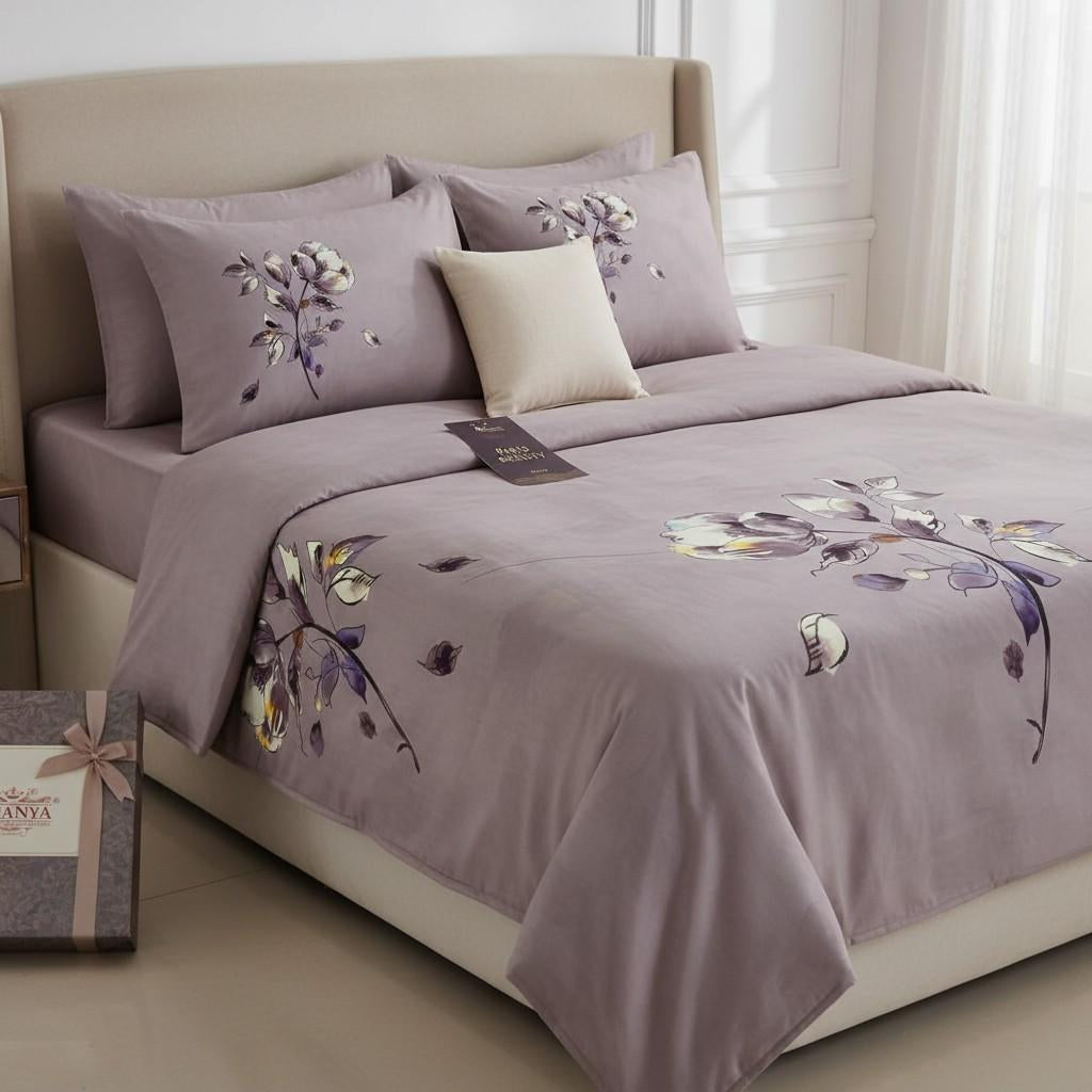 Mauve Magnolia Bedsheet King Size 7D Digital Print with 2 Pillow Covers - 108x108 inch