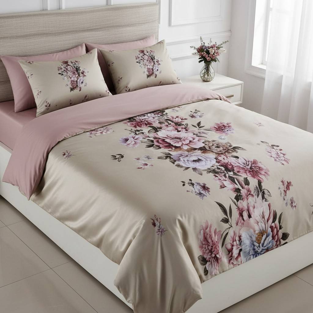 Romantic Pastel Floral Bedsheet King Size 7D Digital Print with 2 Pillow Covers - 108x108 inch