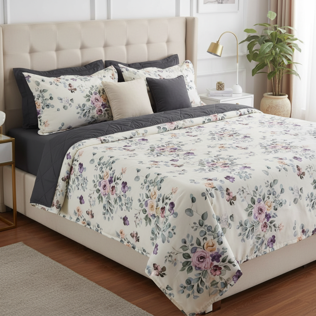 Eucalyptus Floral King Size Bedsheet - 7D Digital Print with 2 Pillow Covers - 108x108 inch