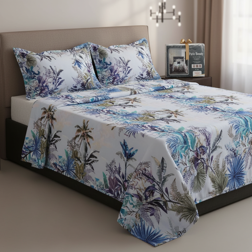 Tropical Palm Paradise Bedsheet King Size 7D Digital Print with 2 Pillow Covers - 108x108 inch