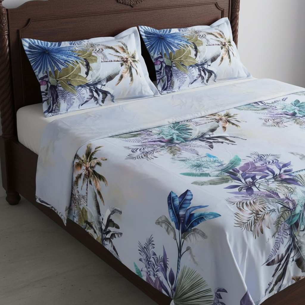 Tropical Palm Paradise Bedsheet King Size 7D Digital Print with 2 Pillow Covers - 108x108 inch