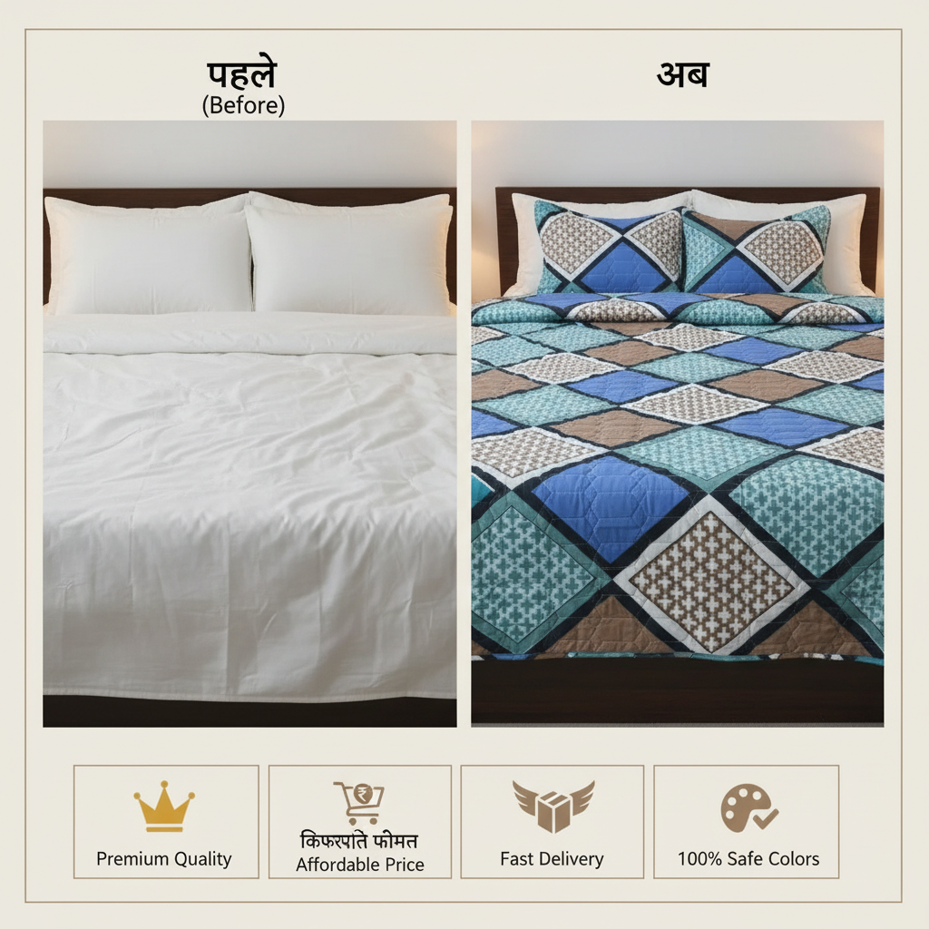 Queen Size Geometric Hexagon Bed Sheet Set | 90x100 Inches | 2 Quilted Pillow Covers