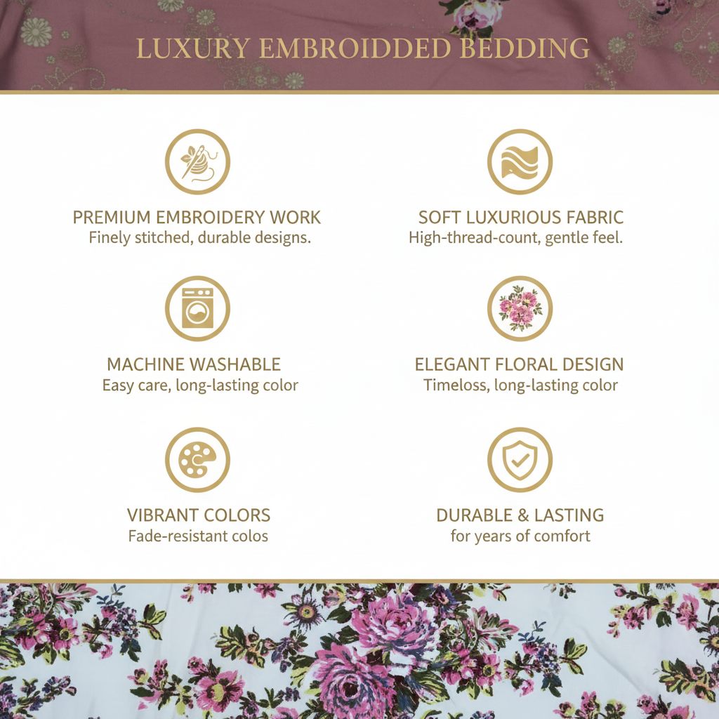 Premium Embroidered Bed Sheet Set - Pink Floral Golden Embroidery with Pillow Covers - Queen Size