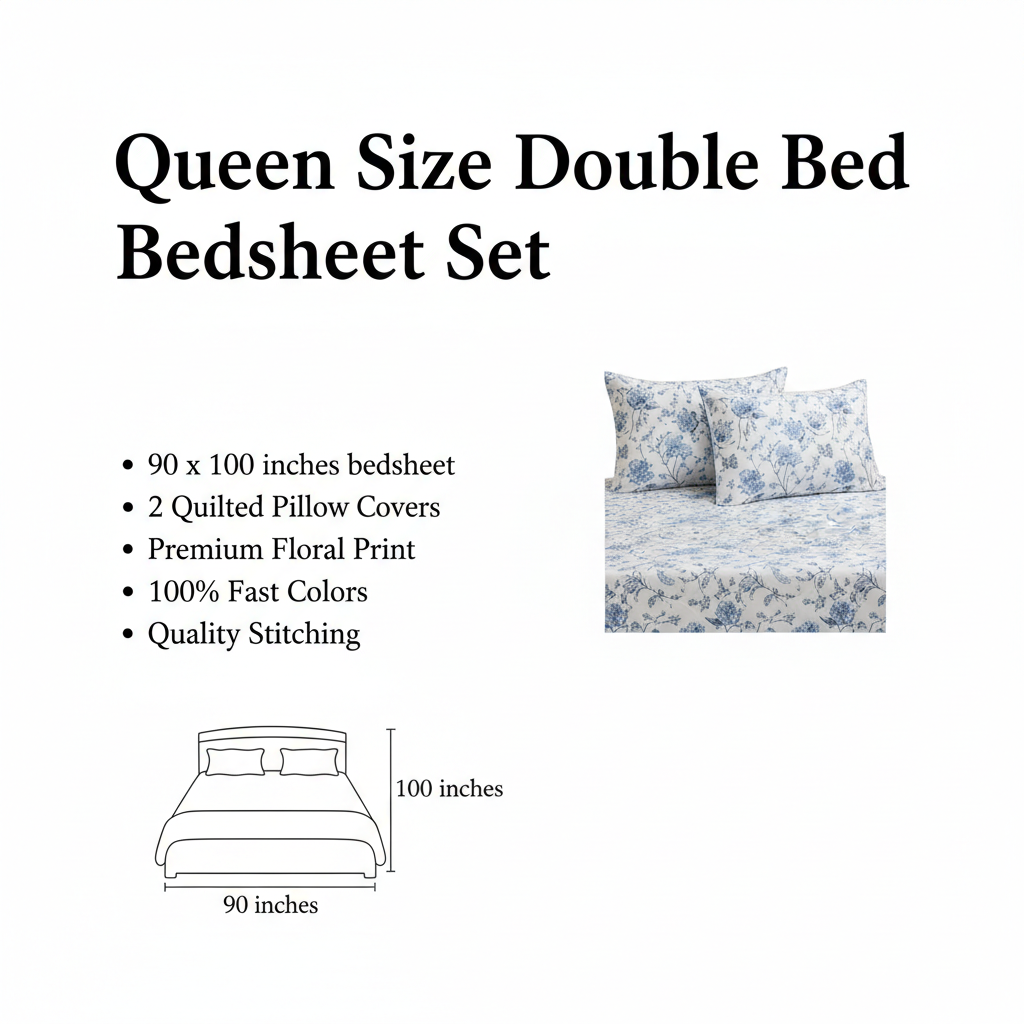 Queen Size Floral Bedsheet Set | 90x100 Inches | Double Bed with 2 Quilted Pillow Covers