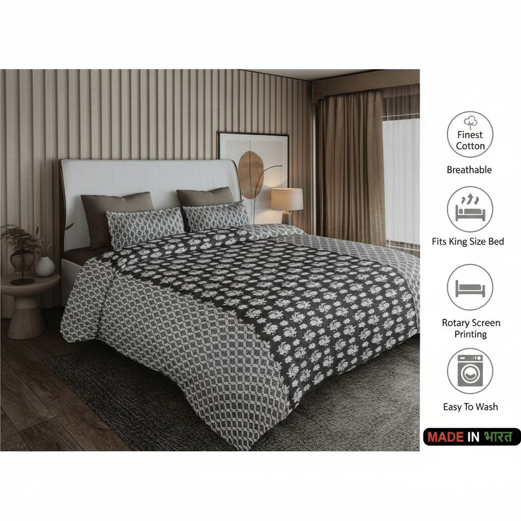 100% Pure Cotton King Size Bedsheet Set | Grey White Geometric Diamond Pattern | 108x108 Inches