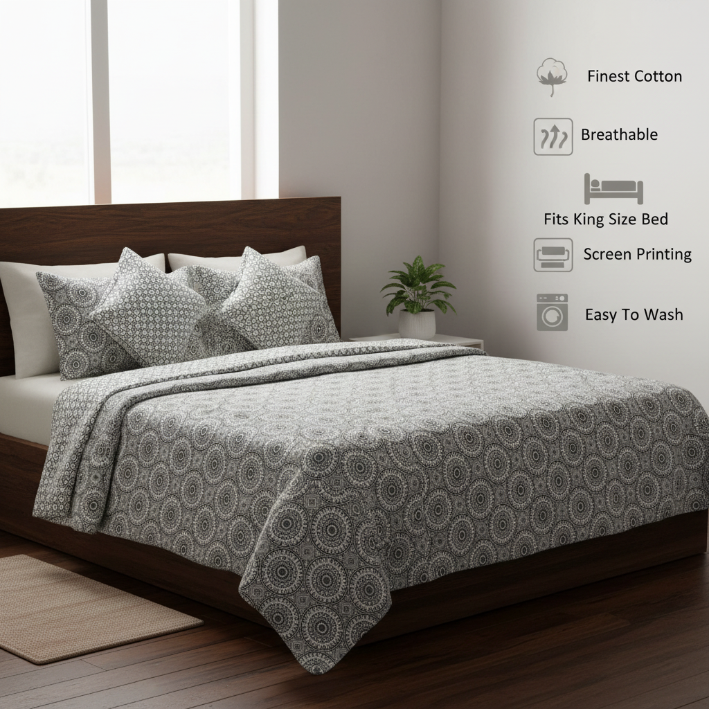 100% Pure Cotton King Size Bedsheet Set | Grey White Mandala Geometric Pattern | 108x108 Inches