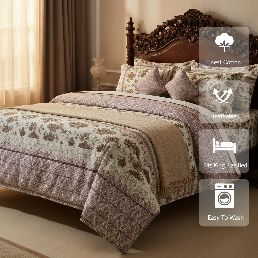 100% Pure Cotton King Size Bedsheet Set | Brown Green Floral Rose Stripe Pattern | 108x108 Inches