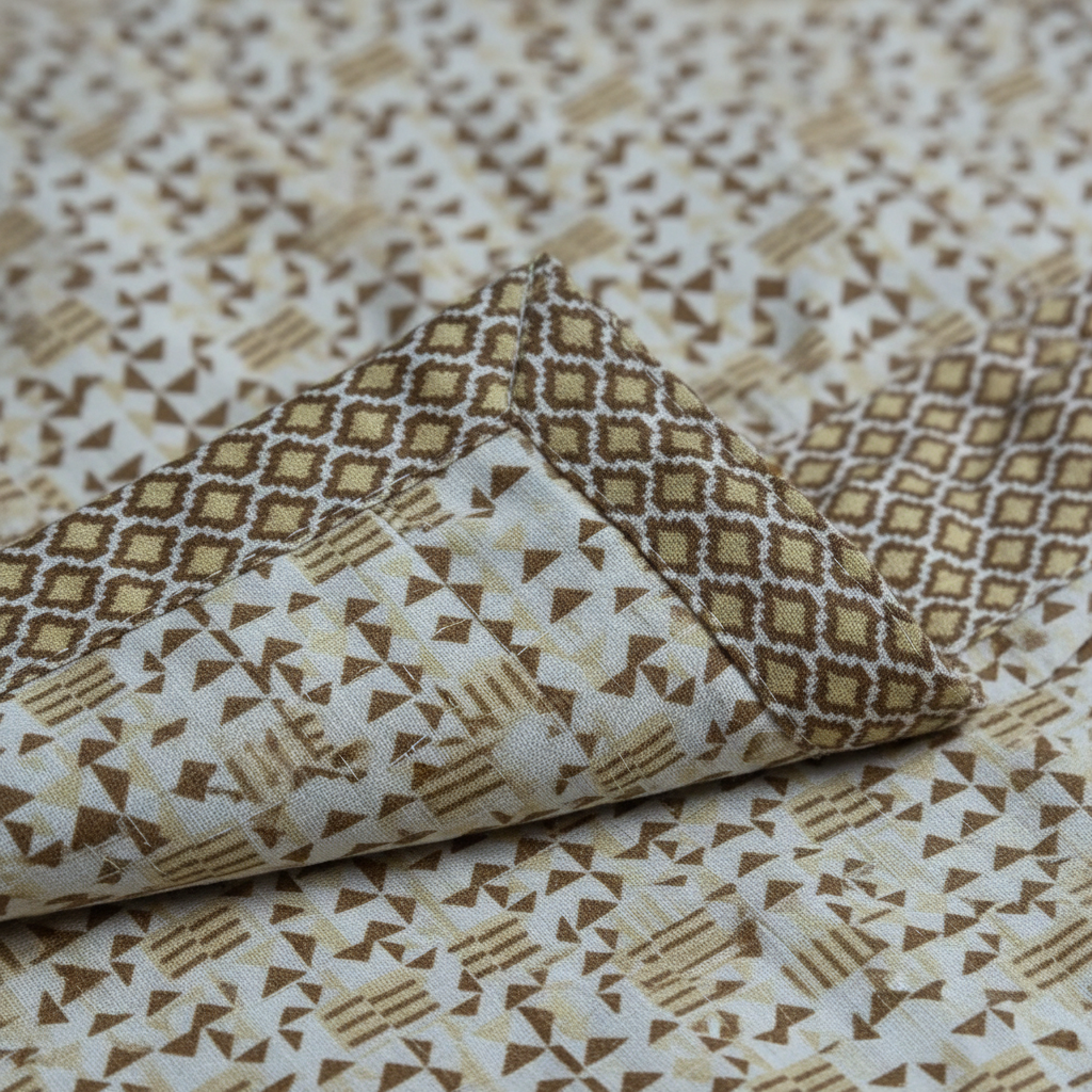Premium Pure Cotton Geometric Top Sheet Single Bed (Set of 2)  - Cream & Gold Triangle Pattern