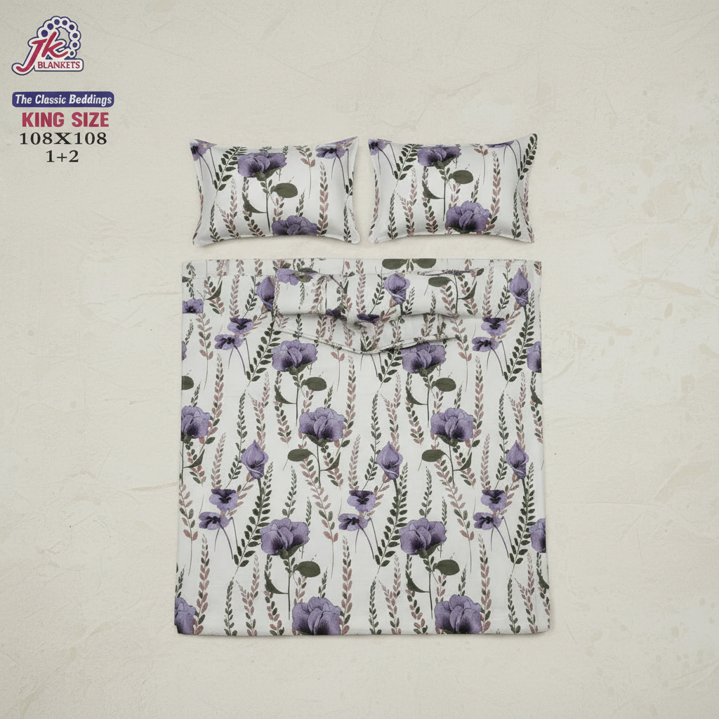 King Size Bedsheet Set - Designer Collection | 108x108 Inches | 1 Bedsheet + 2 Pillow Covers | Purple Floral pattern with hanging flowers