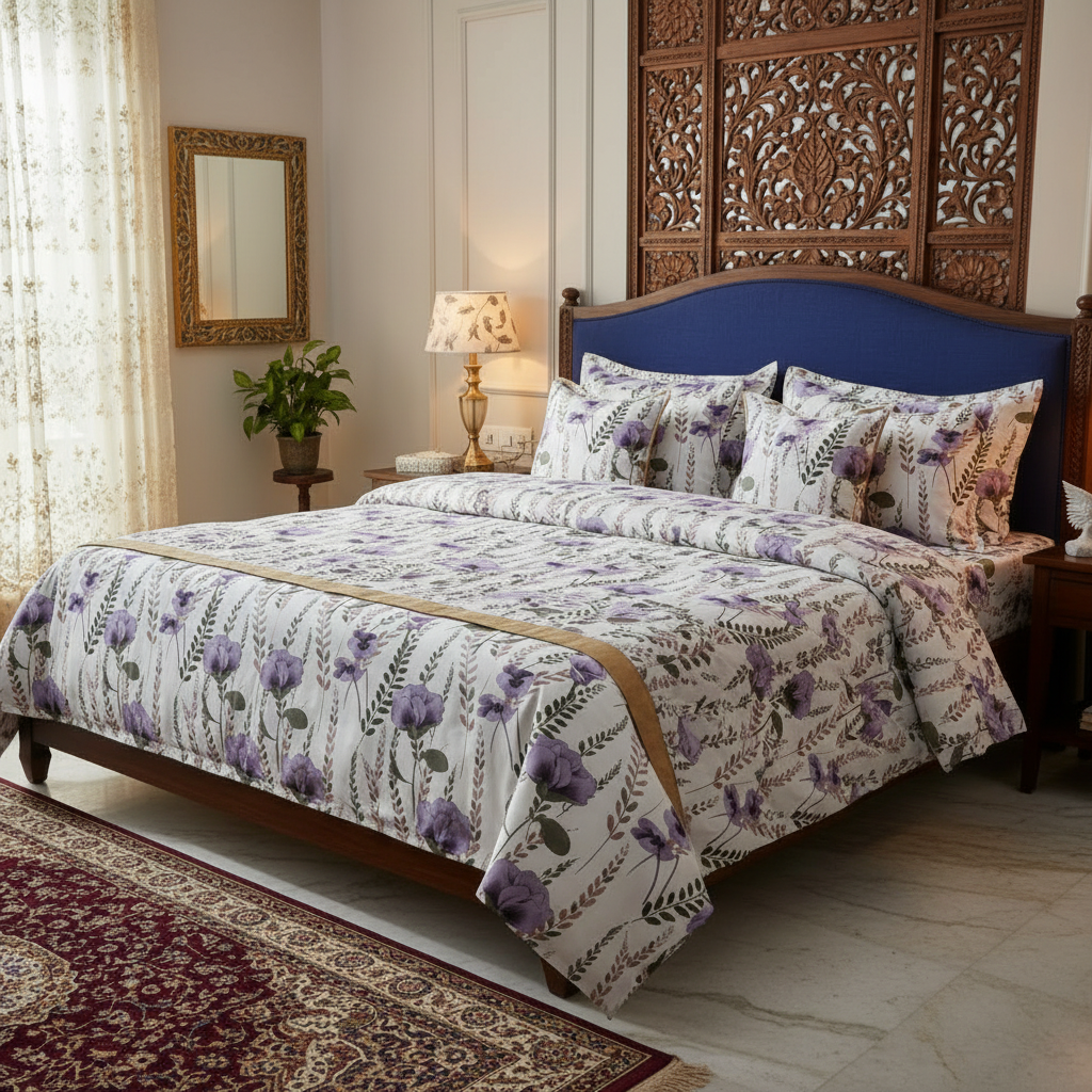 King Size Bedsheet Set - Designer Collection | 108x108 Inches | 1 Bedsheet + 2 Pillow Covers | Purple Floral pattern with hanging flowers