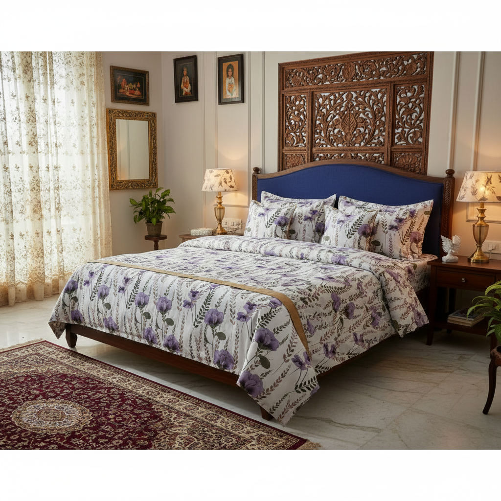 King Size Bedsheet Set - Designer Collection | 108x108 Inches | 1 Bedsheet + 2 Pillow Covers | Purple Floral pattern with hanging flowers