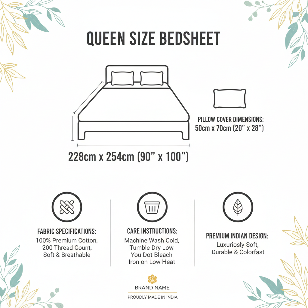Premium Botanical Leaf Pattern Bedsheet Set - Grey & White with Pillow Covers - Queen Size