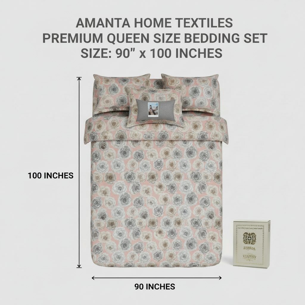 Premium Bedsheet Set with Pillow Covers - Grey & Beige Rose Pattern with Premium Packing