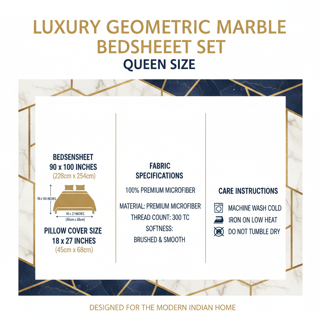 Luxury Geometric Marble Bedsheet Set - Navy Blue Gold Beige Agate Design with Pillow Covers - Queen Size