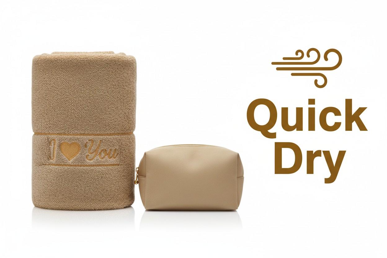 Bath Towel Microfiber | Camel | "I ♥ You" Embroidery | Ultra Soft & Quick Dry | Unisex