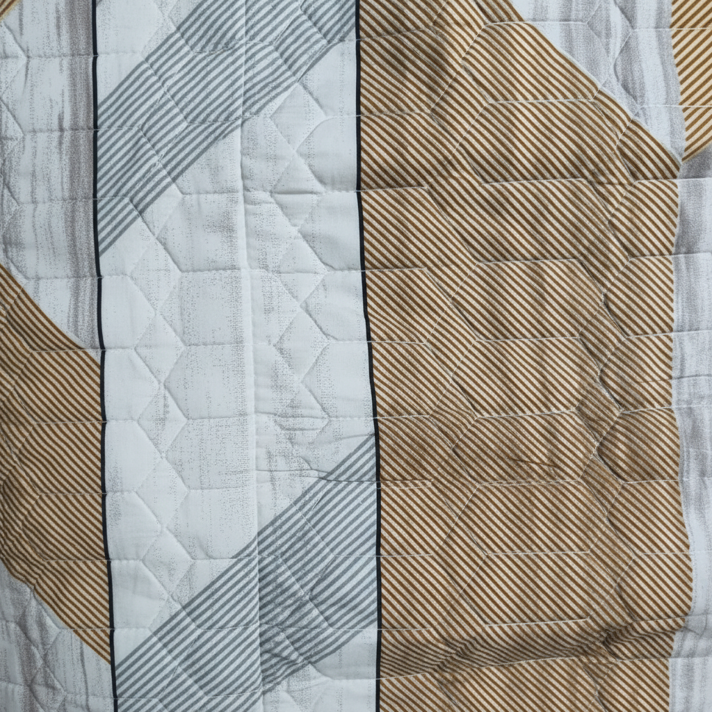 Premium Bed Sheet Set - Beige Grey Geometric Diagonal Striped Pattern with Quilted Pillow Covers - Queen Size